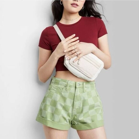 Womens Wild Fable Highest Rise Mom Green Checkerboard Festival Jean Shorts  Sz 8 - Picture 1 of 4